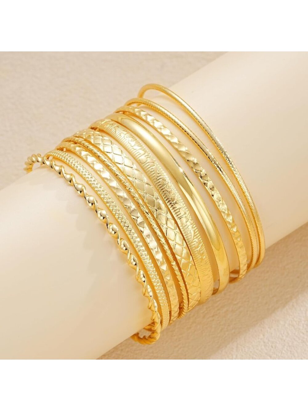 Women's Indian Bangles Set, Multi Layer Textured 14K Gold Plated Chunky Bracelet - Picture 6 of 6